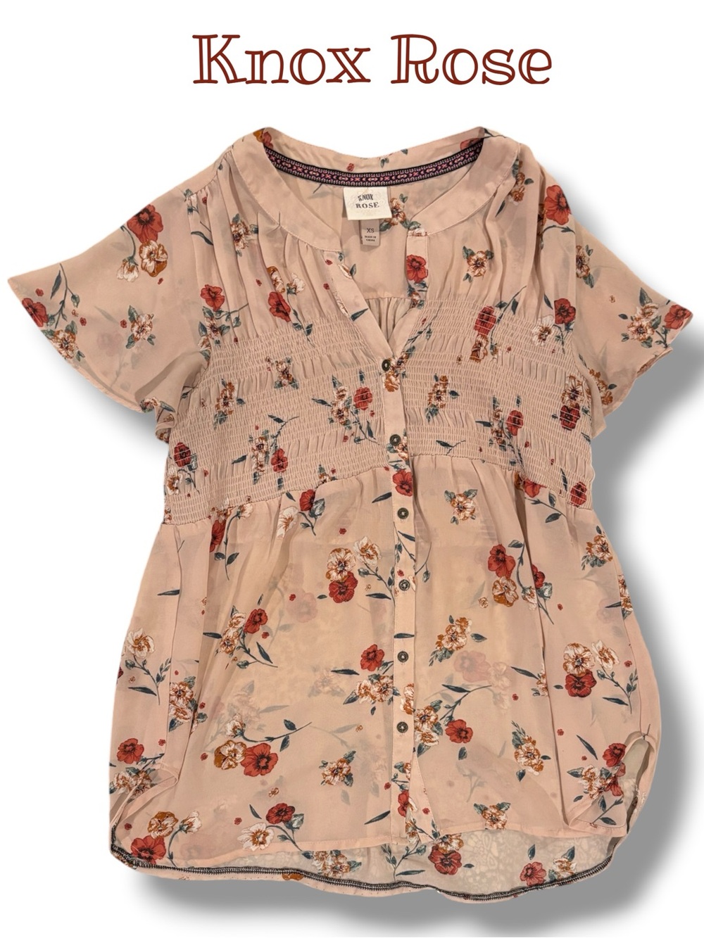 Knox Rose Blush Floral Smocked Button-Front Blouse